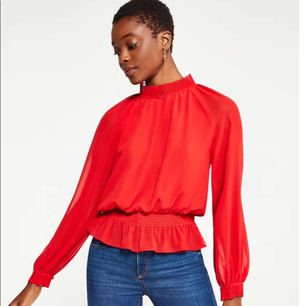 Ann Taylor Red Pleated Blouse Pleated Smocked Waist Top